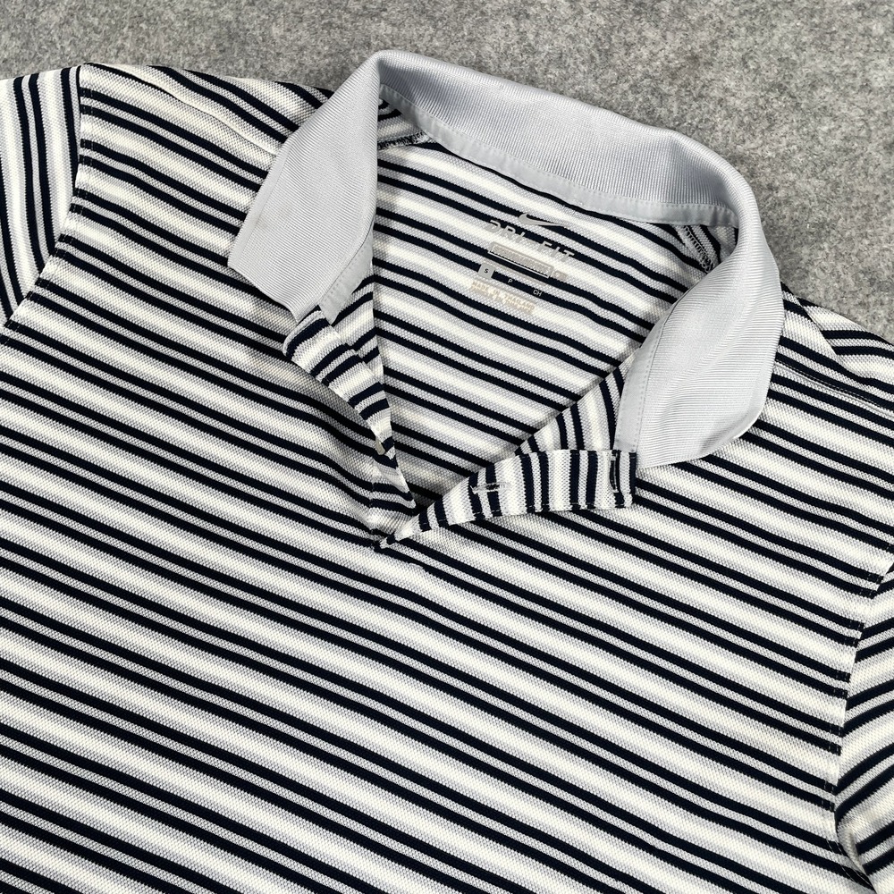 Nike Mens Dri-FIT Polo Shirt S Navy White Striped Short Sleeve Standard Fit